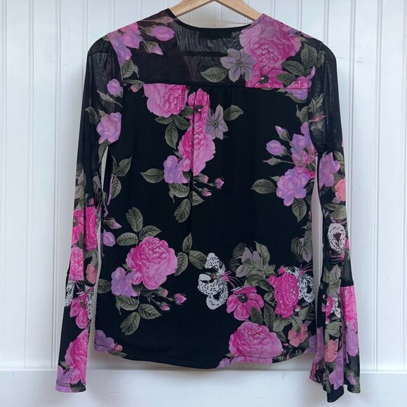INC International Concepts Black Pink Floral Mesh Bell Sleeve Peasant Blouse Top - Picture 3 of 10